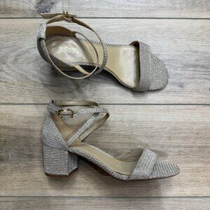 MICHAEL KORS Serena Silver Glitter Block Heel Ankle Strap Dressy Sandals Sz 8M